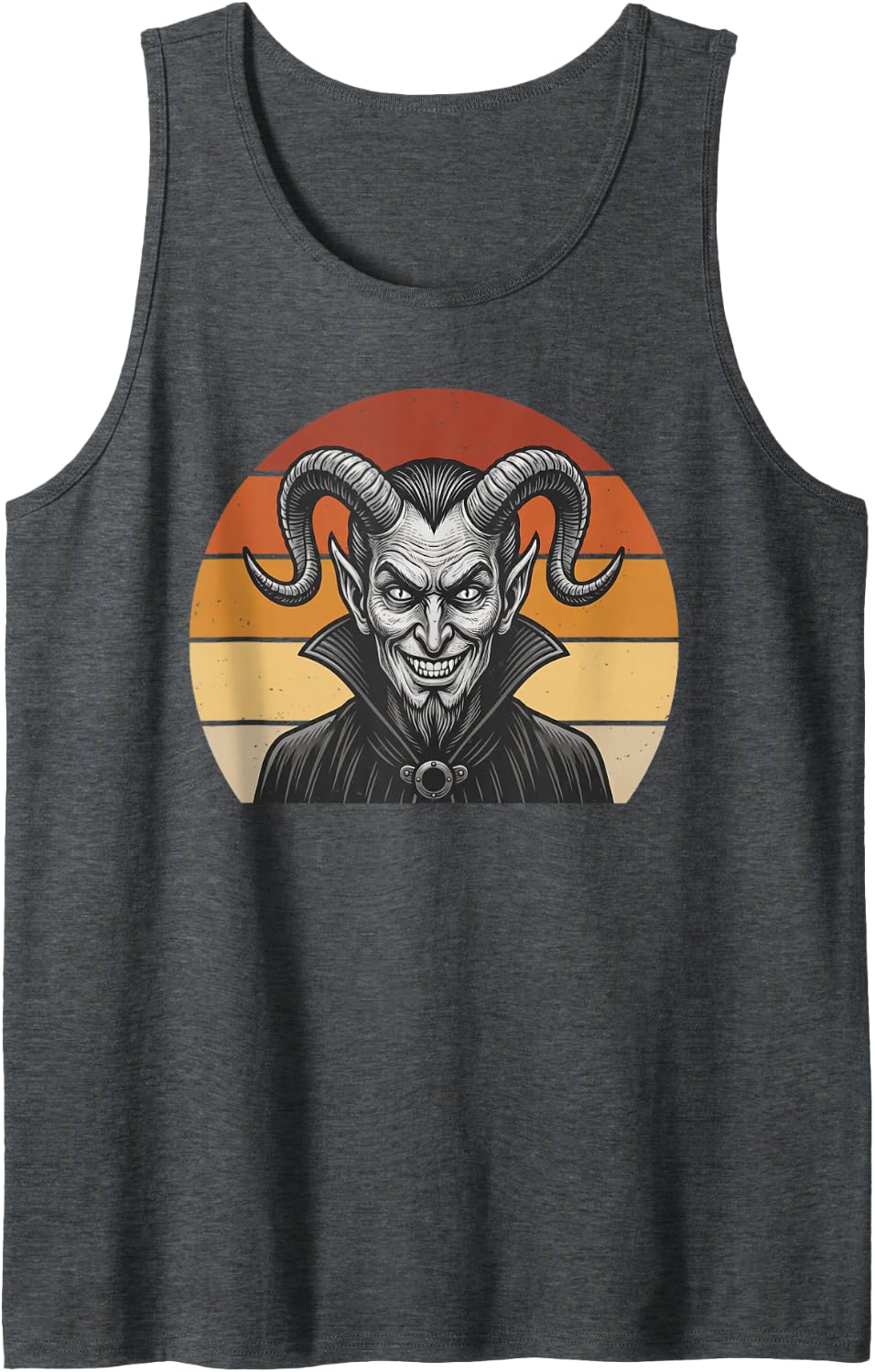 Cool Halloween Demon Horned Devil Goth Retro Sunset Graphic Sleeveless Tank Top - Dark Heather Grey