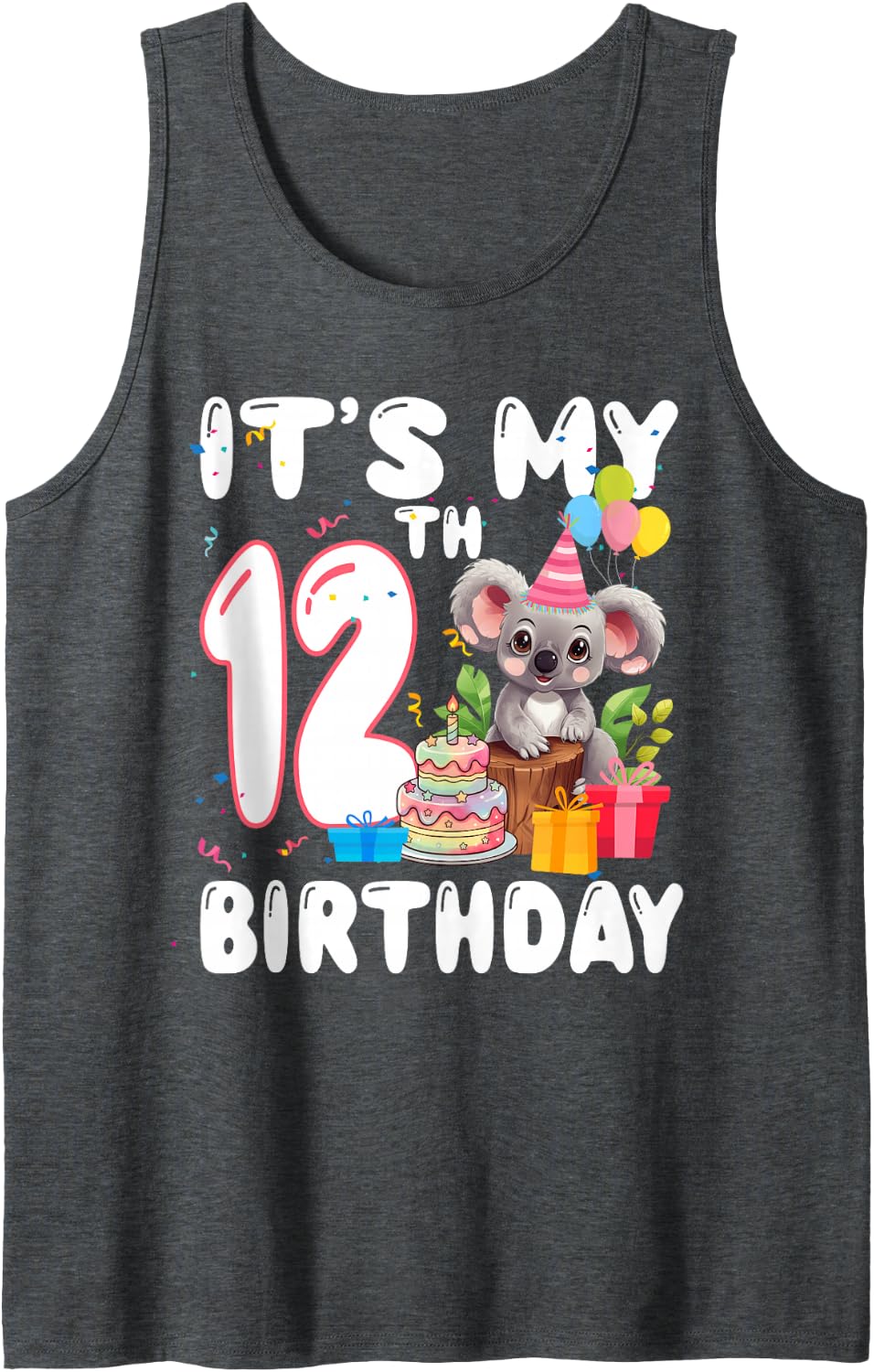12 Year Old Koala Lover Themed It's My 12th Birthday Sleeveless Tank Top - Dark Heather Grey
