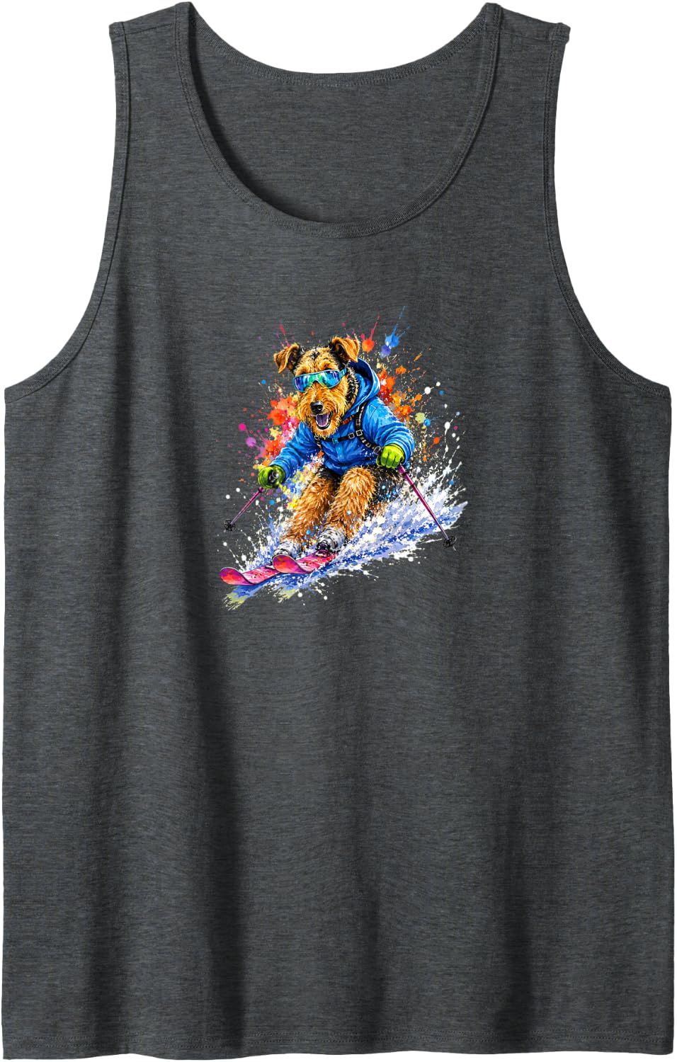 Airedale Terrier Dog Skiing Watercolor Splash Art Tank Top - Dark Heather Grey