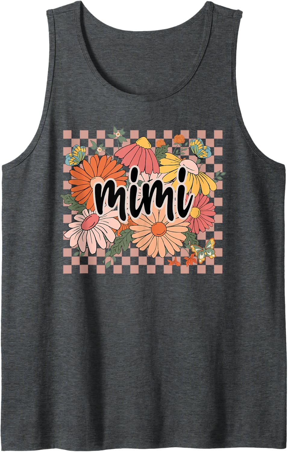 Mimi Floral Mother's Day Wildflower Girl Women Plaid Sleeveless Tank Top - Dark Heather Grey