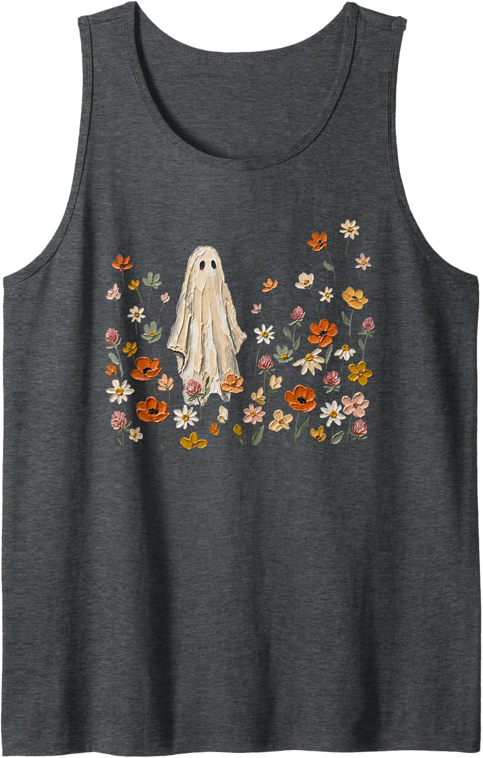 Funny Ghost Wildflower Spooky Season Halloween Retro Vintage Sleeveless Tank Top - Dark Heather Grey