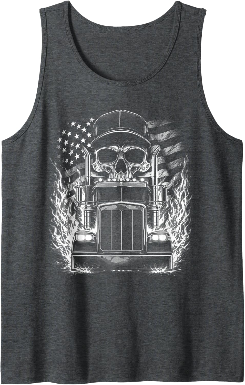 Trucker Patriotic American Flag Semi Truck Driver Skull Tank Top - Dark Heather Grey