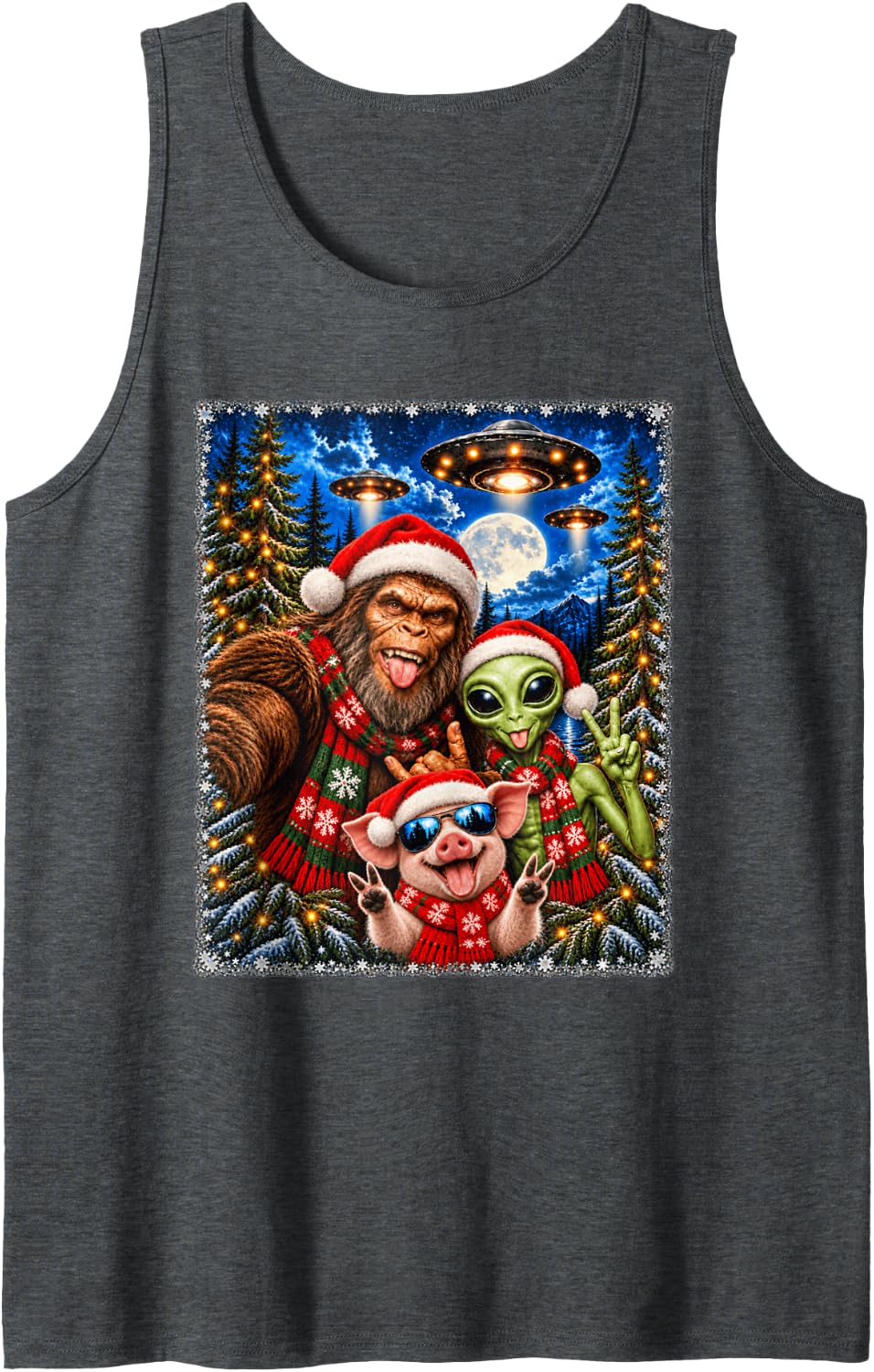 Funny Pig Bigfoot Alien Christmas Selfie UFO Santa Hat Sleeveless Tank Top - Dark Heather Grey