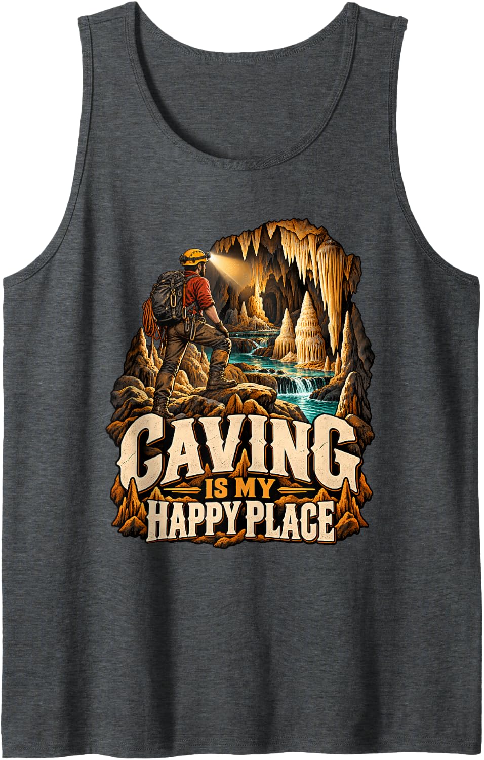 Caving is My Happy Place Spelunking Cave Explorer Sleeveless Tank Top - Dark Heather Grey