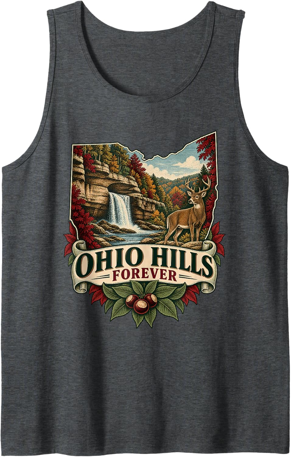 Ohio Hills Forever Whitetail Deer Waterfall Nature Pride Sleeveless Tank Top - Dark Heather Grey