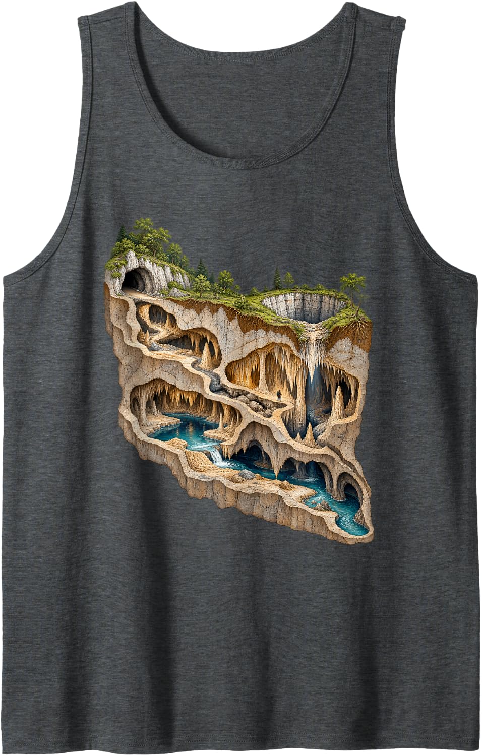 Cave Cross Section Karst Geology Underground Spelunking Sleeveless Tank Top - Dark Heather Grey