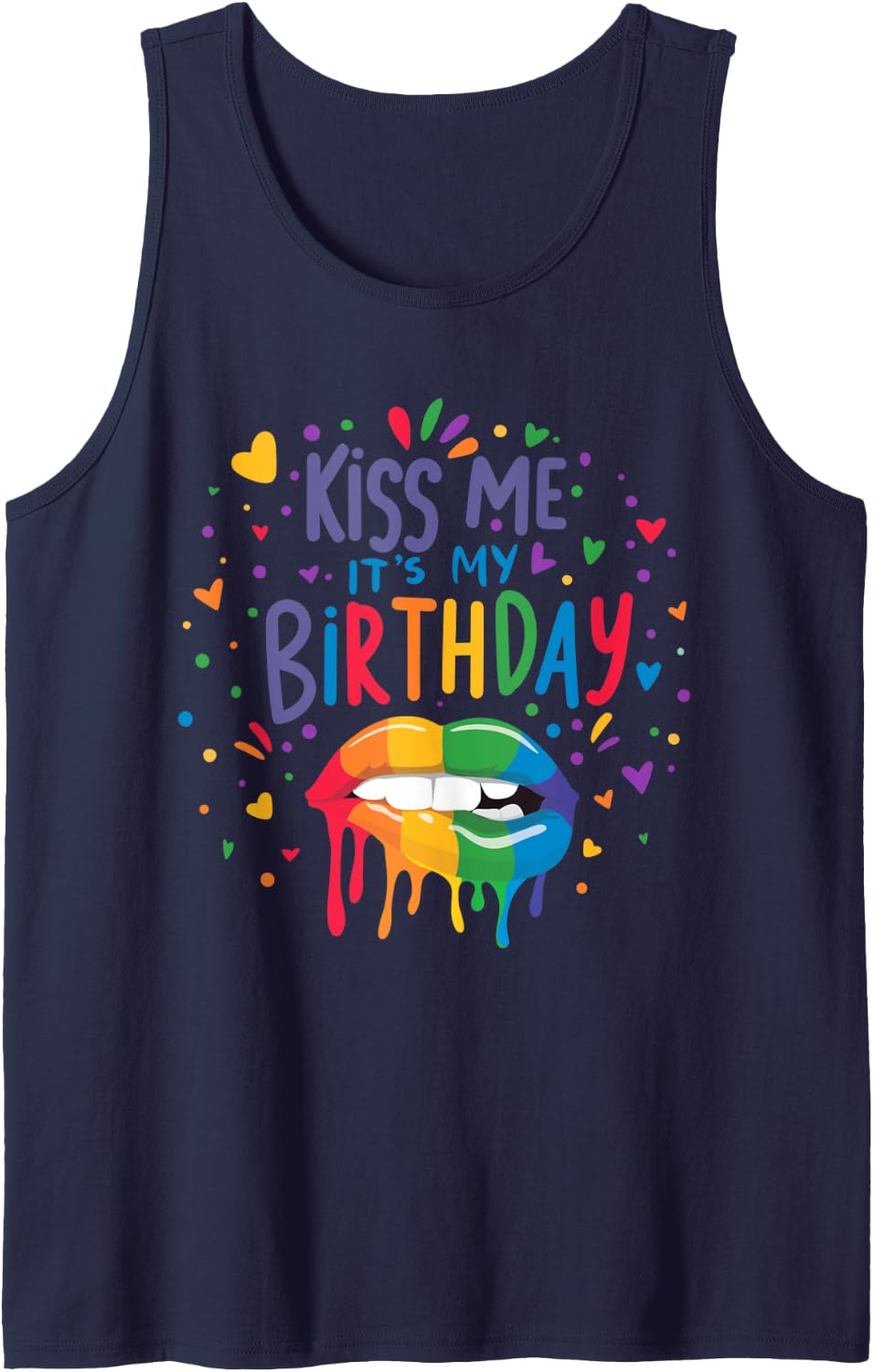 Kiss Me It's My Birthday Gay Pride LGBTQ Rainbow Humor Cute Tank Top - Navy Blue