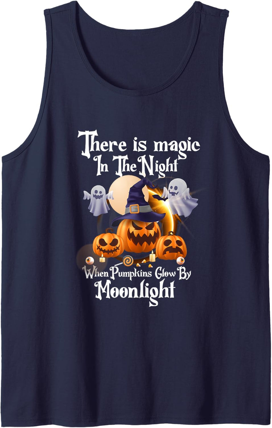 Magic In The Night Pumpkins Glow-Moonlight Halloween Ghost Tank Top - Navy Blue