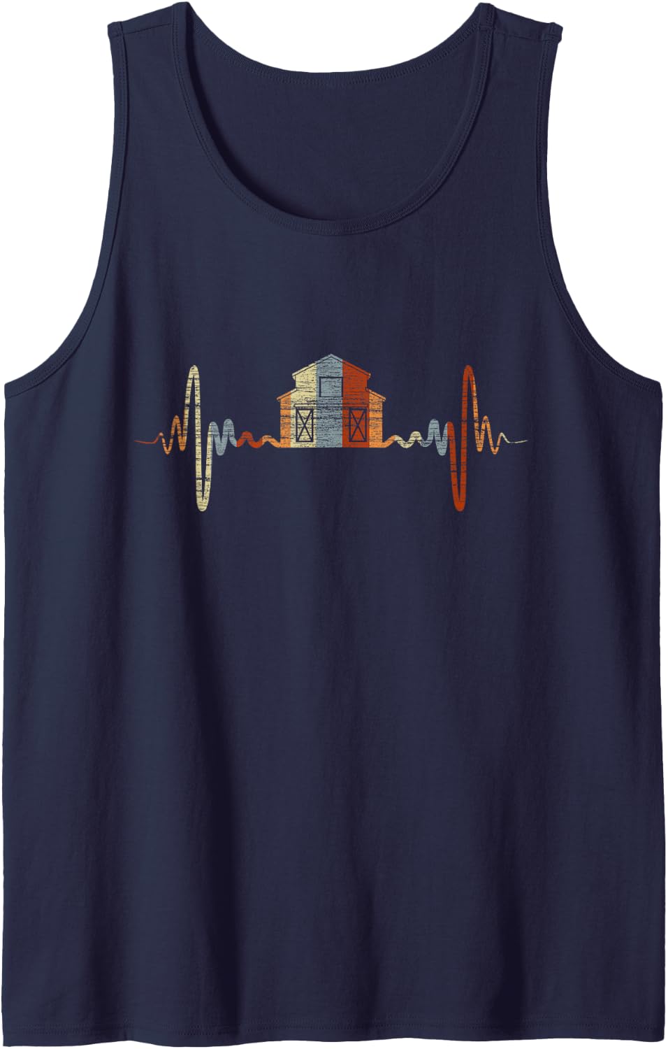 Barn Farming Heartbeat Vintage ECG Cardiogram Retro Sleeveless Tank Top - Navy Blue