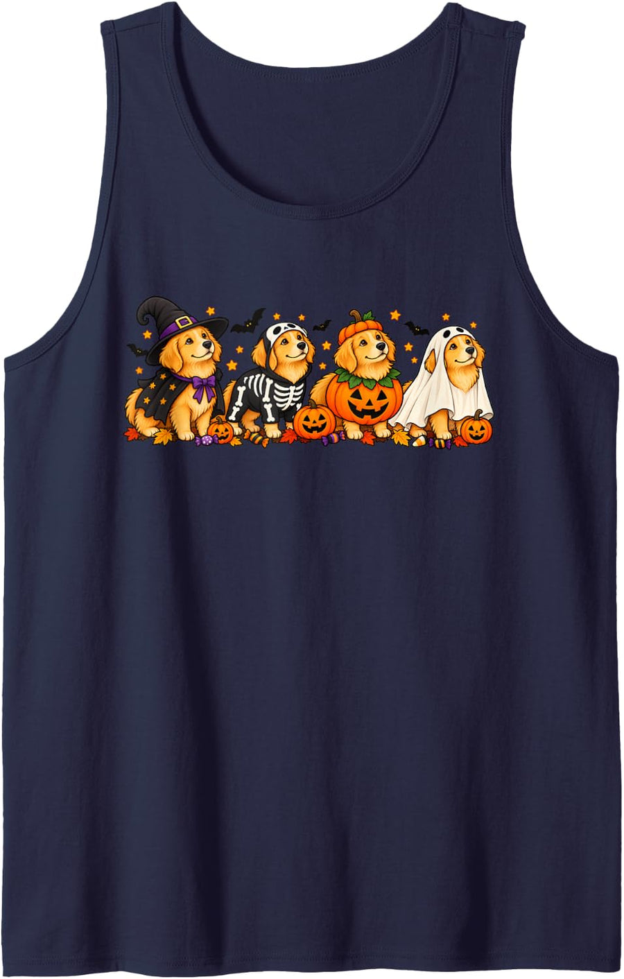 Golden Retriever Ghost Pumpkin Dog Lovers Halloween Costume Sleeveless Tank Top - Navy Blue