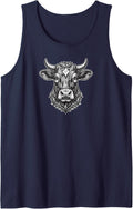 Artistic Horned Cow Head Vector Illustration Sleeveless Tank Top - Navy Blue