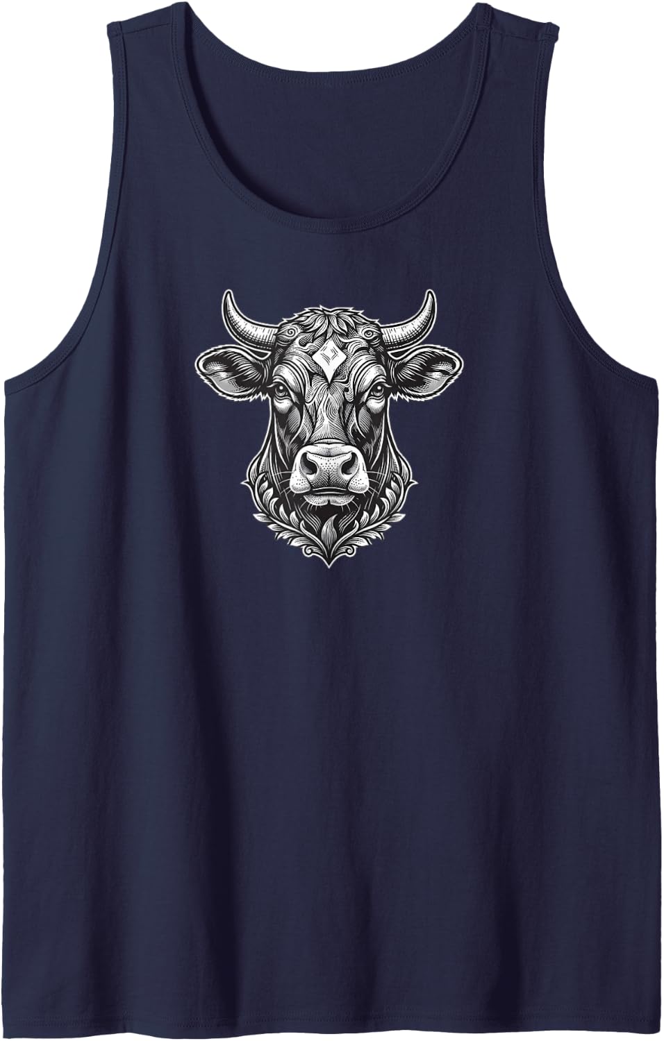 Artistic Horned Cow Head Vector Illustration Sleeveless Tank Top - Navy Blue