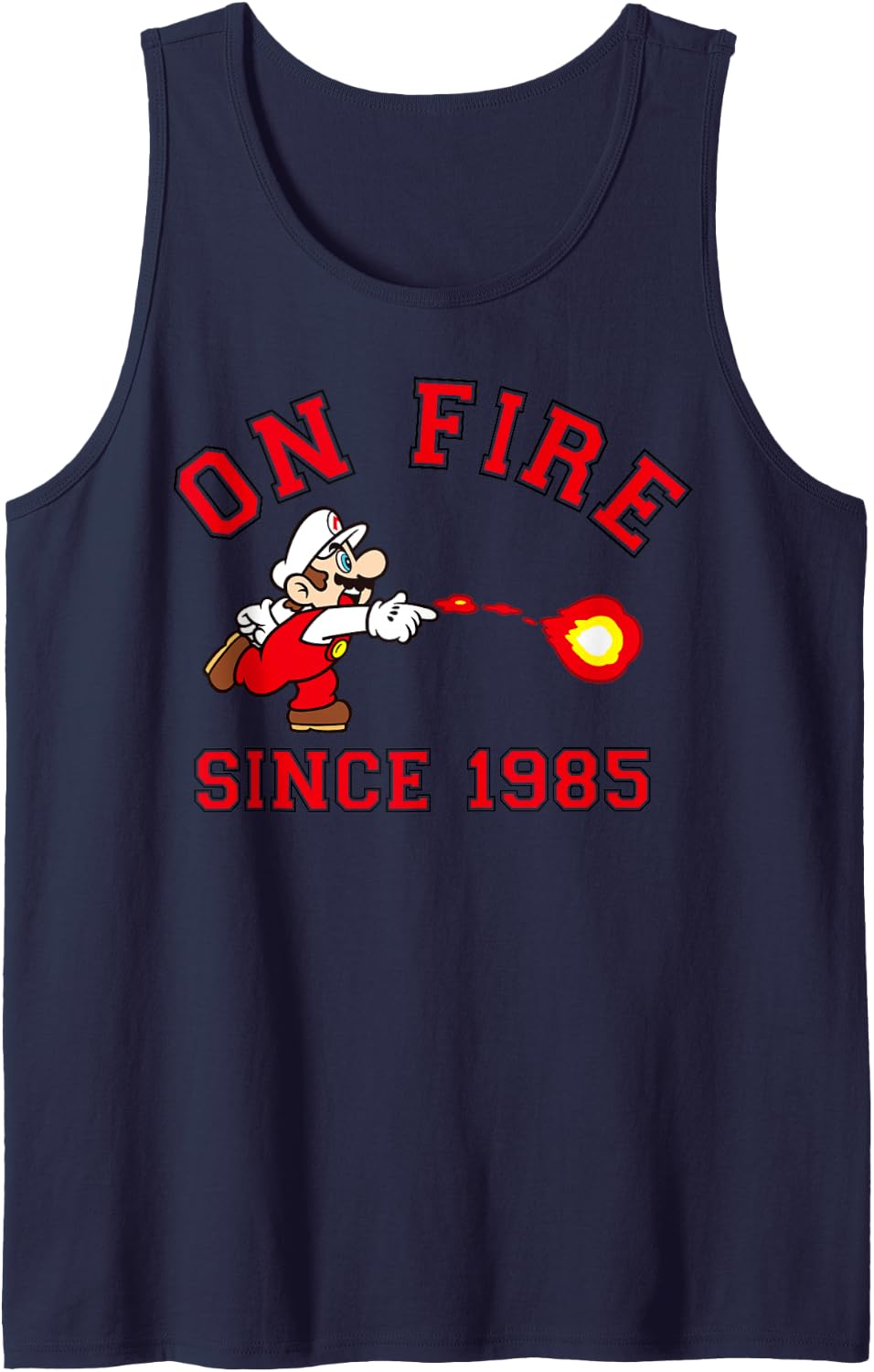 Super Mario Bros On Fire Since 1985 Red Text Collegiate Tank Top - Navy Blue