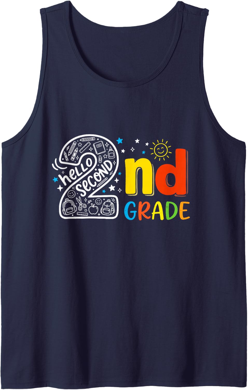 Hello Second Grade First Day of School 2nd Grade Teachers Sleeveless Tank Top - Navy Blue