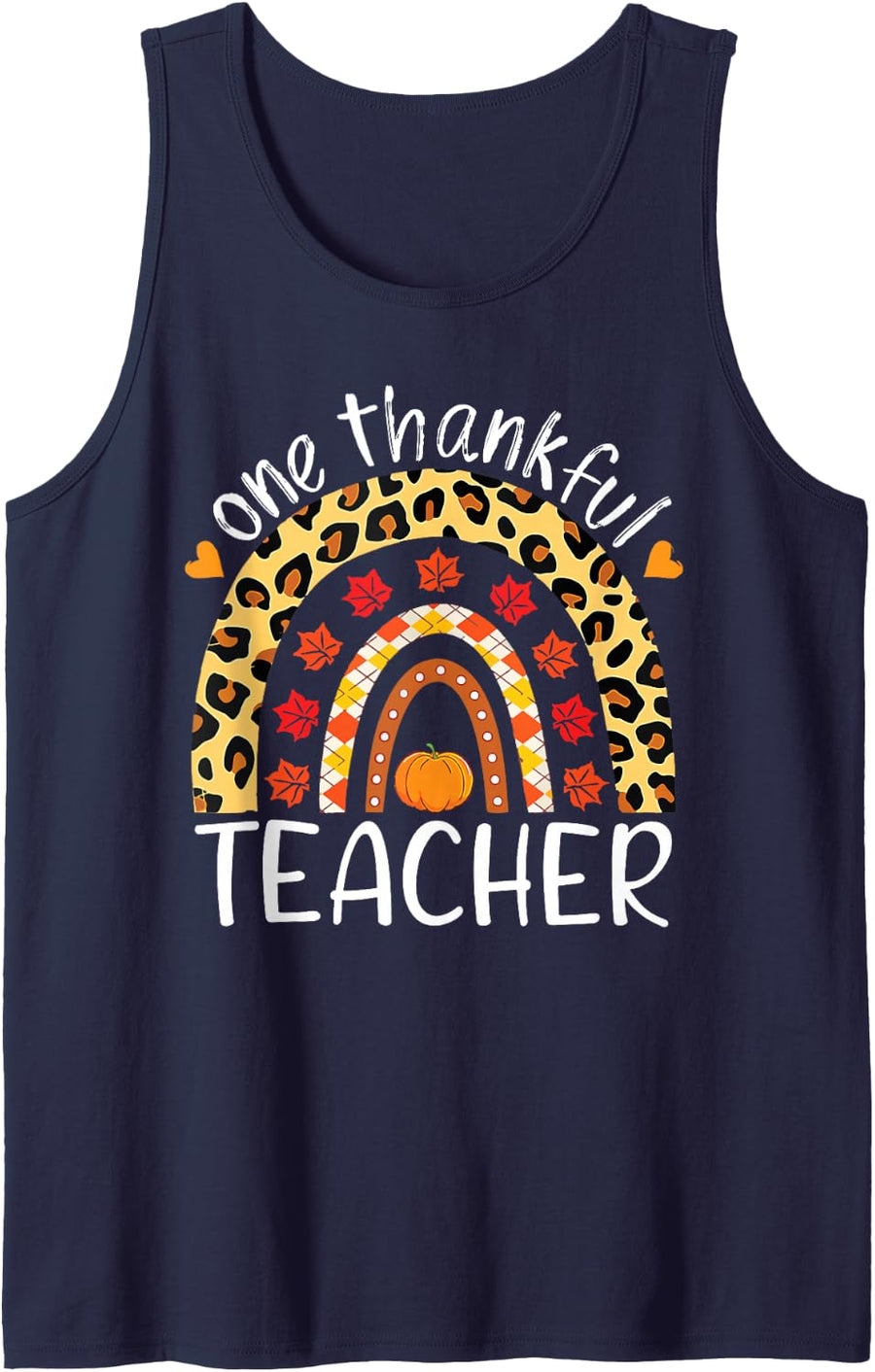 One Thankful Teacher Thanksgiving Rainbow Leopard Fall Sleeveless Tank Top - Navy Blue