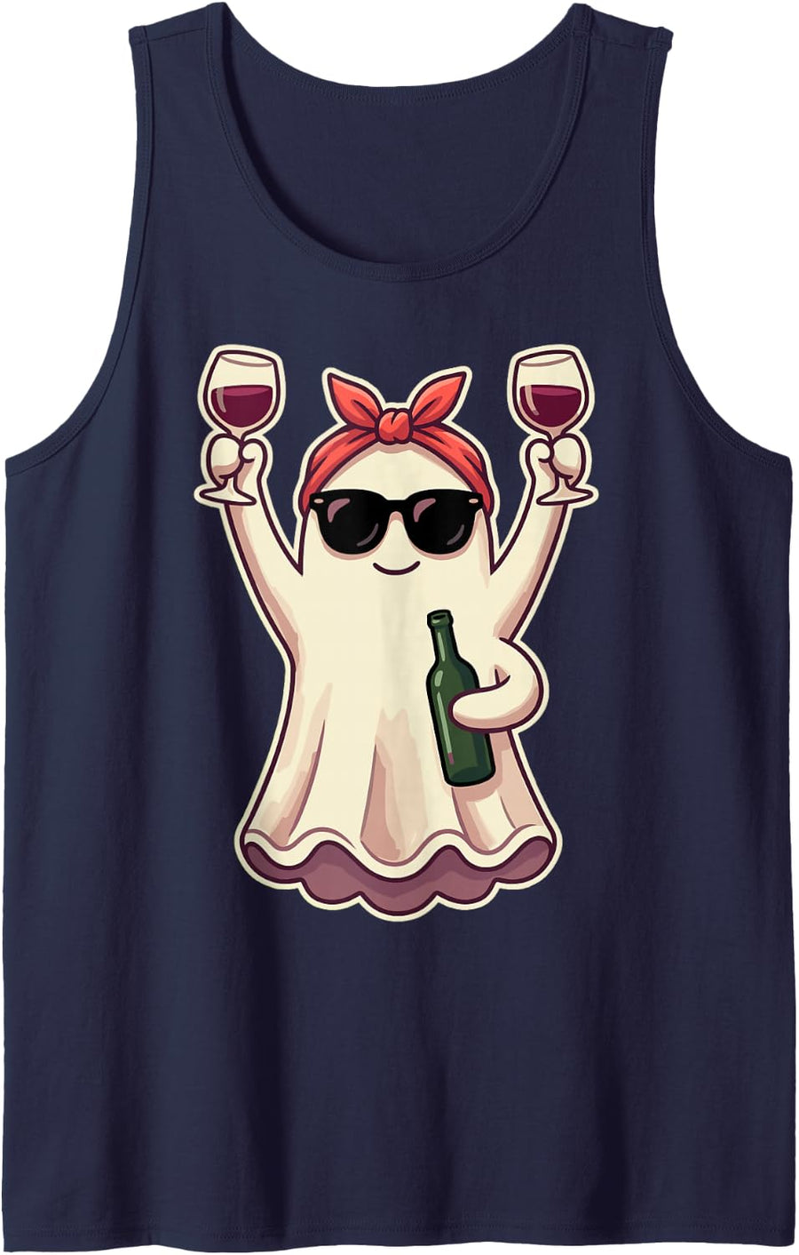 Ghost Wine Funny Halloween Women Spooky Season Humor Stem Tank Top - Navy Blue