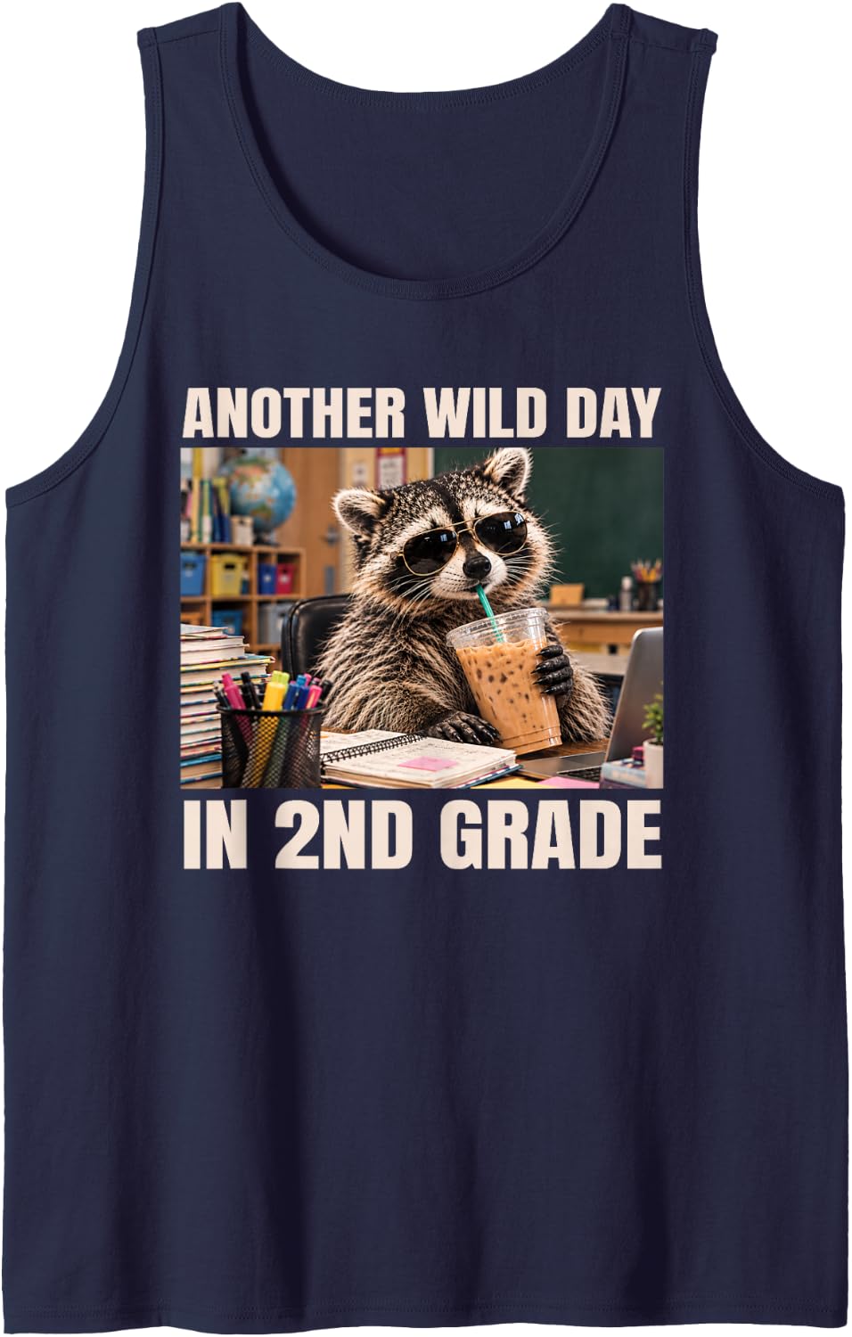 Funny 2nd Grade Teacher Raccoon Drinking Iced Coffee Sleeveless Tank Top - Navy Blue