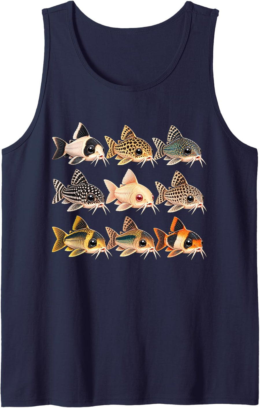 Cute Corydoras Catfish 9 Fish Kawaii Aquarium Design Sleeveless Tank Top - Navy Blue