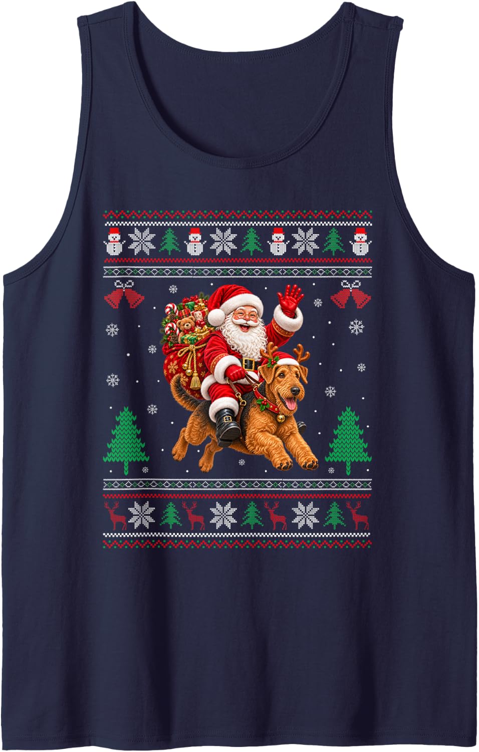 Airedale Terrier Ugly Christmas Sweater Santa Riding Dog Sleeveless Tank Top - Navy Blue