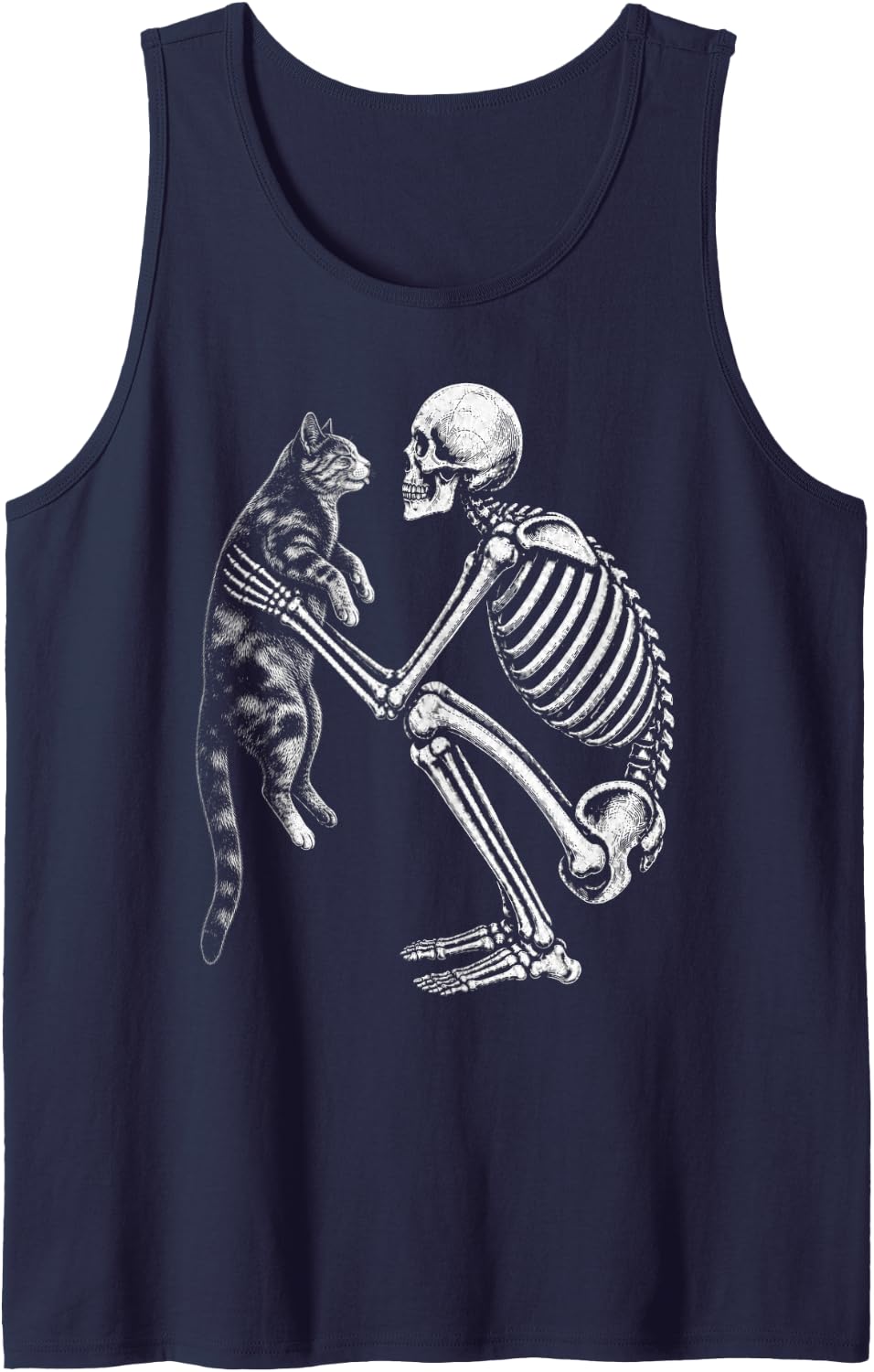 Skeleton Holding Tortoiseshell Cat Retro Halloween Tortie Sleeveless Tank Top - Navy Blue