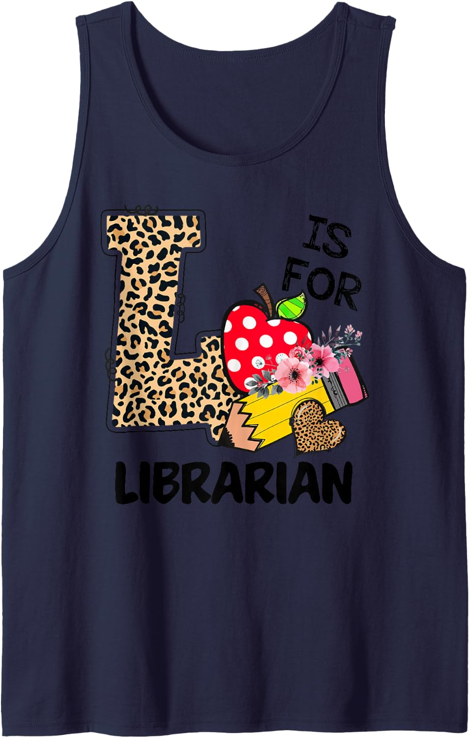 L is for Librarian Leopard Polka Dot First Day of School Sleeveless Tank Top - Navy Blue