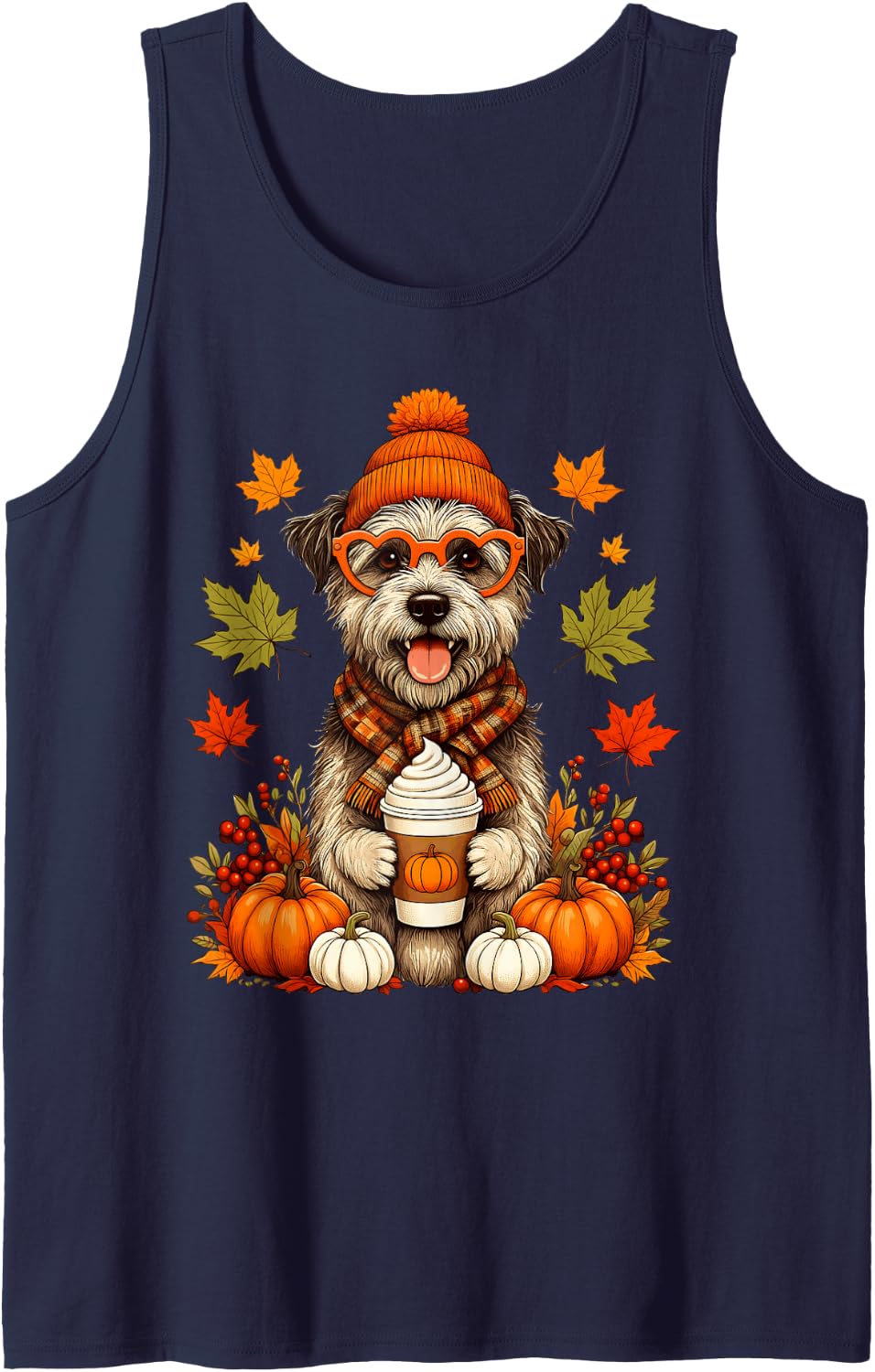 Airedale Terrier Fall Autumn Pumpkin Spice Dog Coffee Season Sleeveless Tank Top - Navy Blue