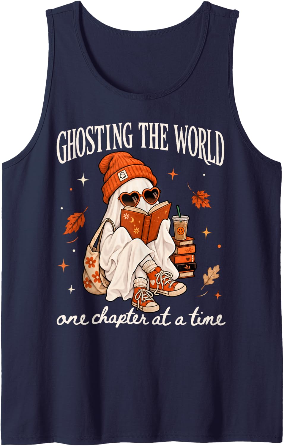 Ghosting The World One Chapter At A Time Ghost Reading Books Sleeveless Tank Top - Navy Blue