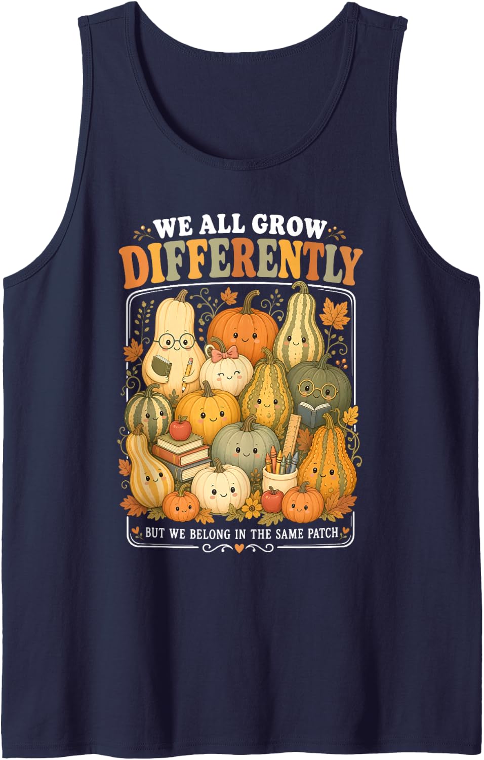 We All Grow Differently Pumpkins Fall SPED Teacher Team Sleeveless Tank Top - Navy Blue
