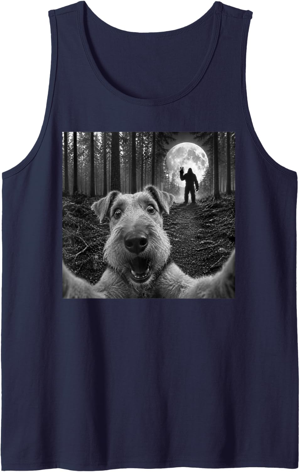 Airedale Terrier Selfie Bigfoot Peace Sign Dog Sasquatch Sleeveless Tank Top - Navy Blue