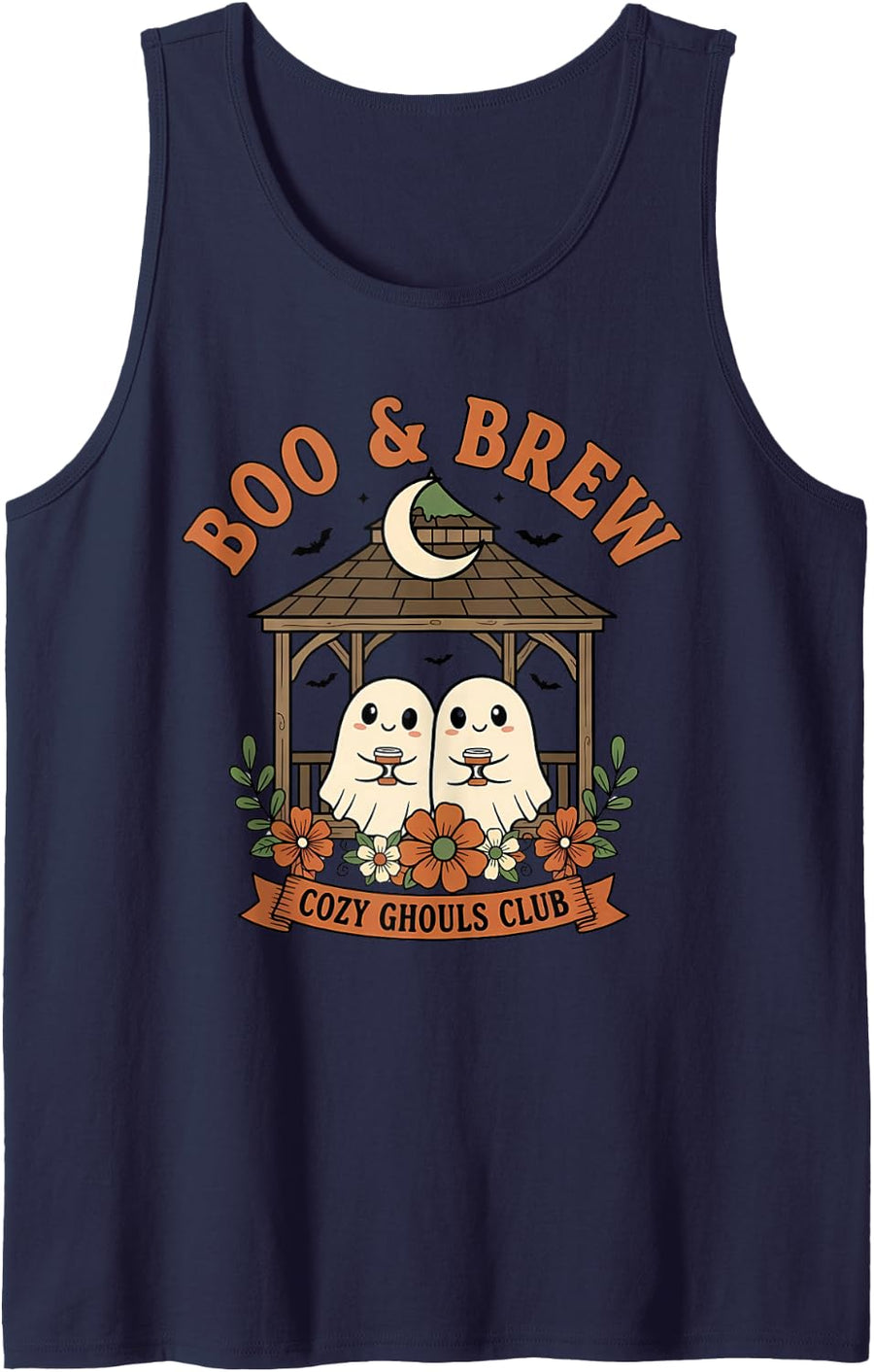 Boo & Brew Cozy Ghouls Club Cute Ghost Coffee Halloween Tees Sleeveless Tank Top - Navy Blue