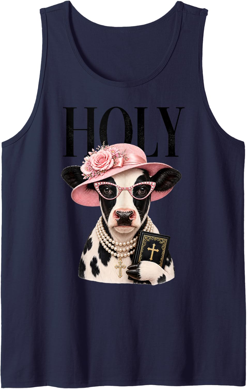 Holy Cow Funny Cow Lover Mom Mother's Day Christian Faith Sleeveless Tank Top - Navy Blue