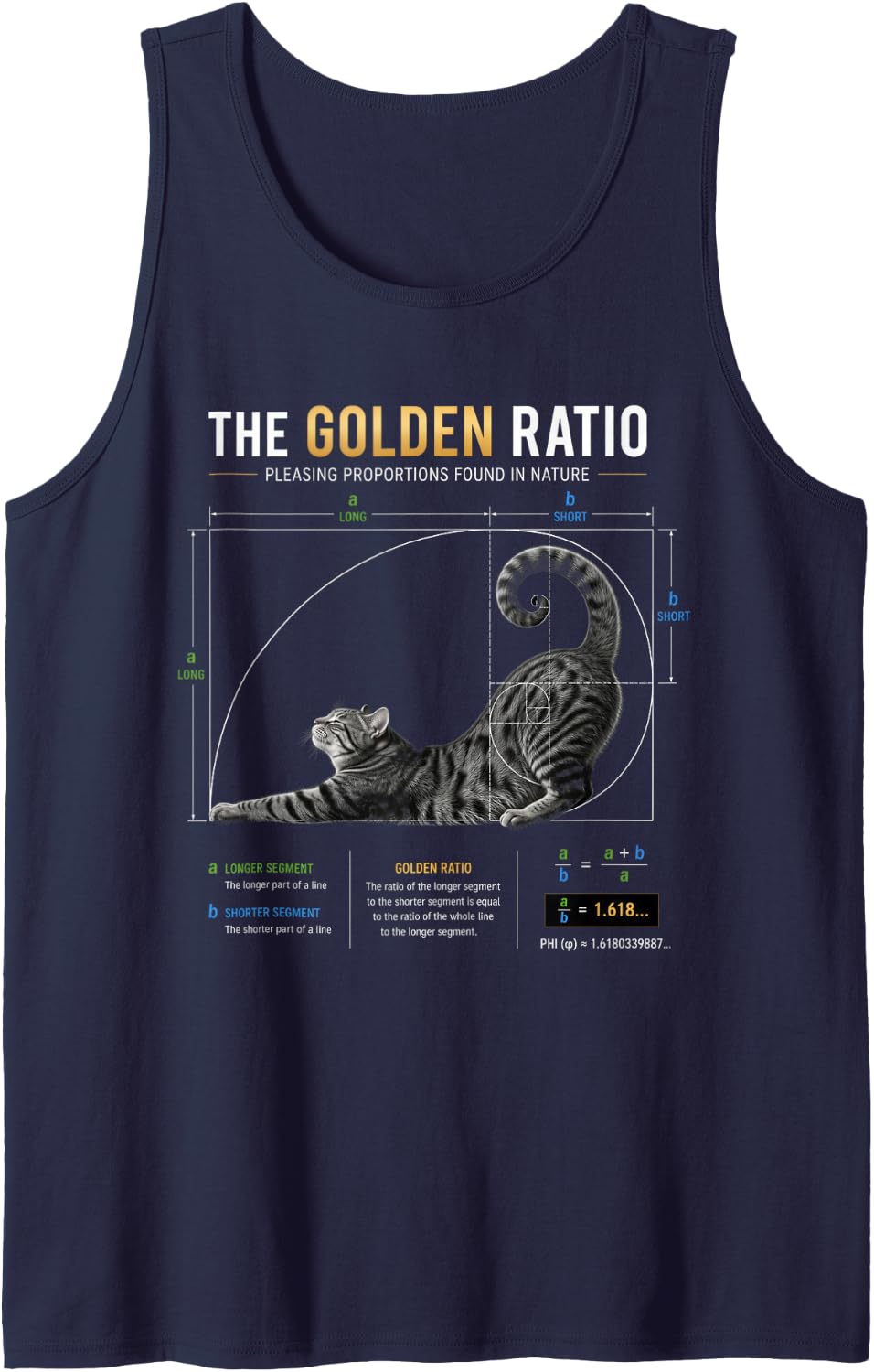 Golden Ratio Cat Math Fibonacci Nature Geometry Design Sleeveless Tank Top - Navy Blue