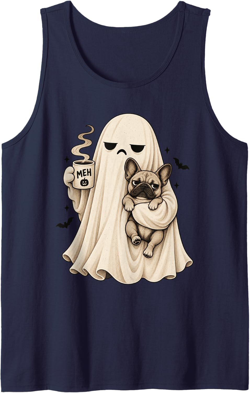 Grumpy Ghost French Bulldog Holding Coffee Spooky Design Sleeveless Tank Top - Navy Blue