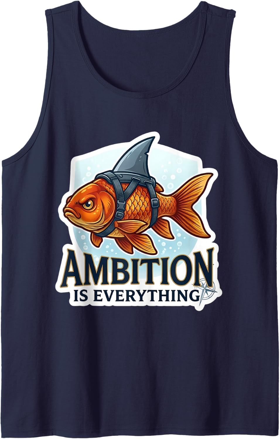 Ambition is Everything Motivational Funny Goldfish Shark Fin Sleeveless Tank Top - Navy Blue