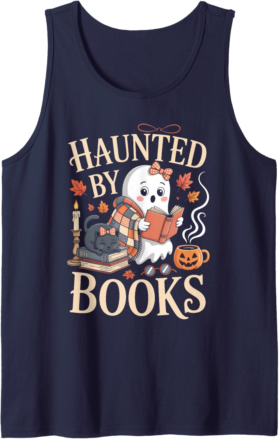 Haunted By Books Vintage Ghost Reading Halloween Book Lover Sleeveless Tank Top - Navy Blue