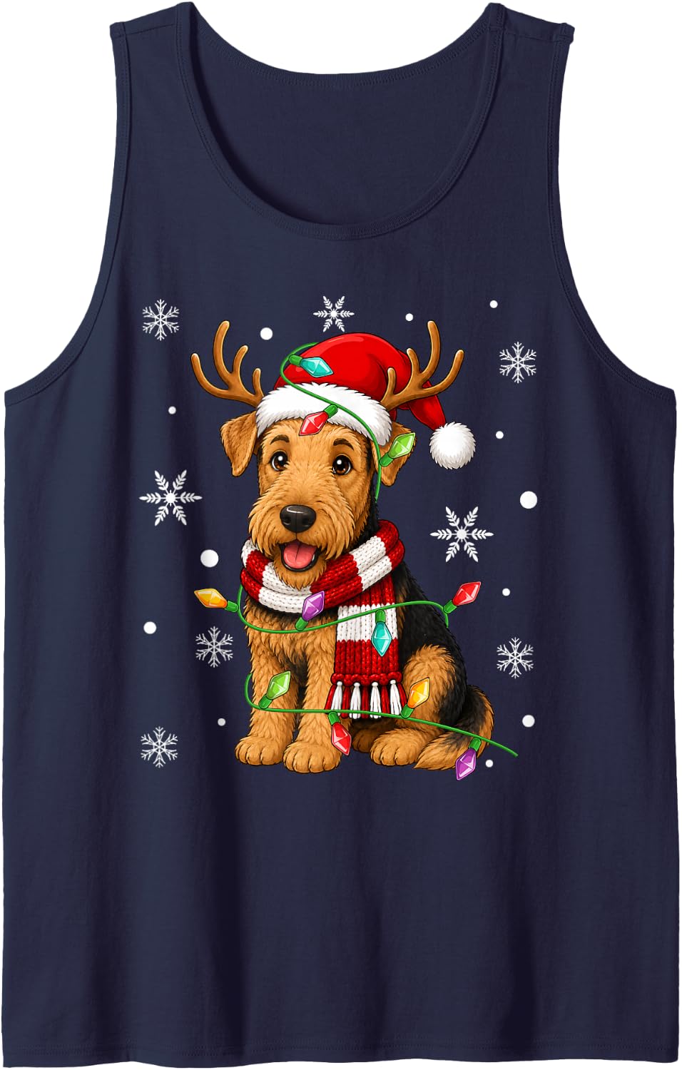 Airedale Terrier Dog Christmas Lights Santa Hat Scarf Xmas Sleeveless Tank Top - Navy Blue