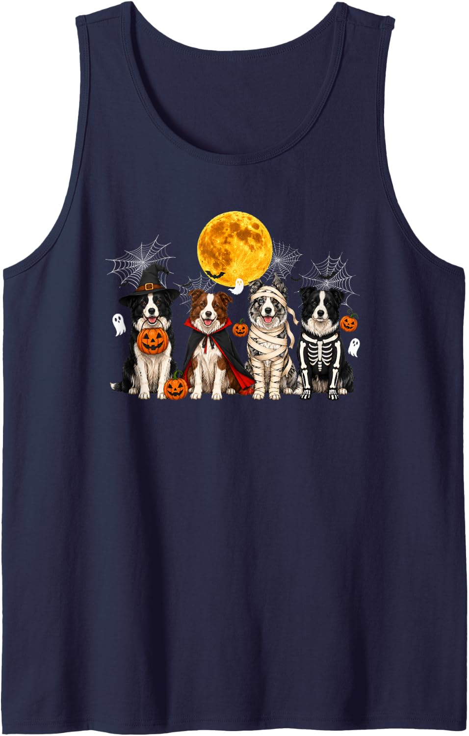 Funny Halloween Border Collie Dog Ghost Witch Mummy Vintage Sleeveless Tank Top - Navy Blue
