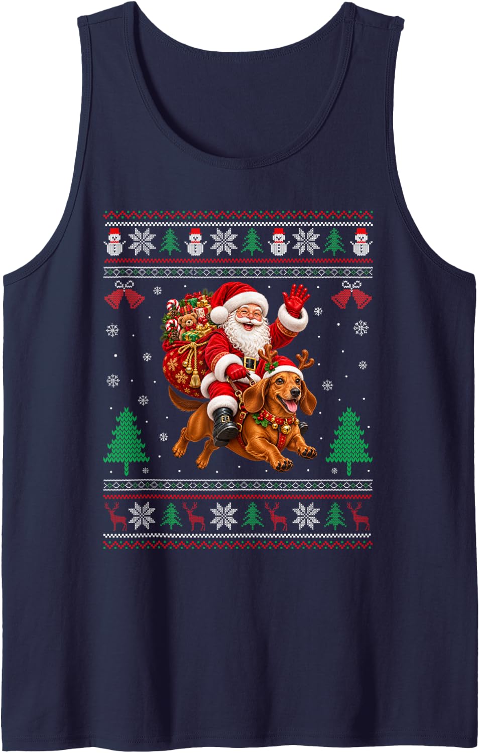 Dachshund Ugly Christmas Sweater Santa Riding Dog Xmas Sleeveless Tank Top - Navy Blue