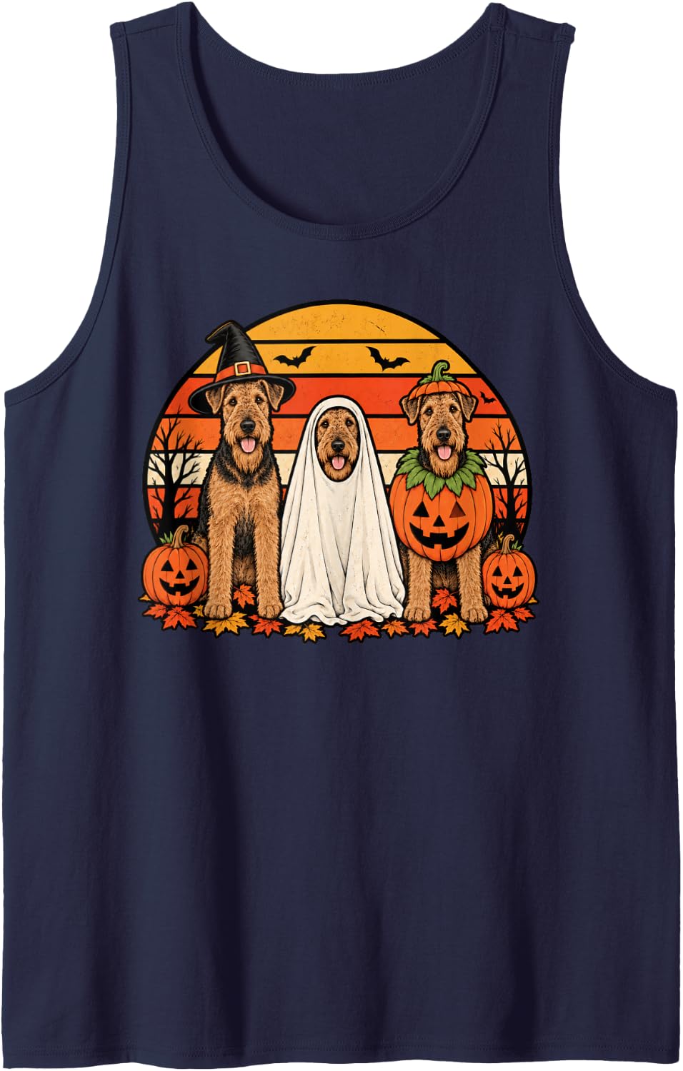 Spooky Airedale Terrier Pumpkin Ghost Halloween Dog Lover Sleeveless Tank Top - Navy Blue
