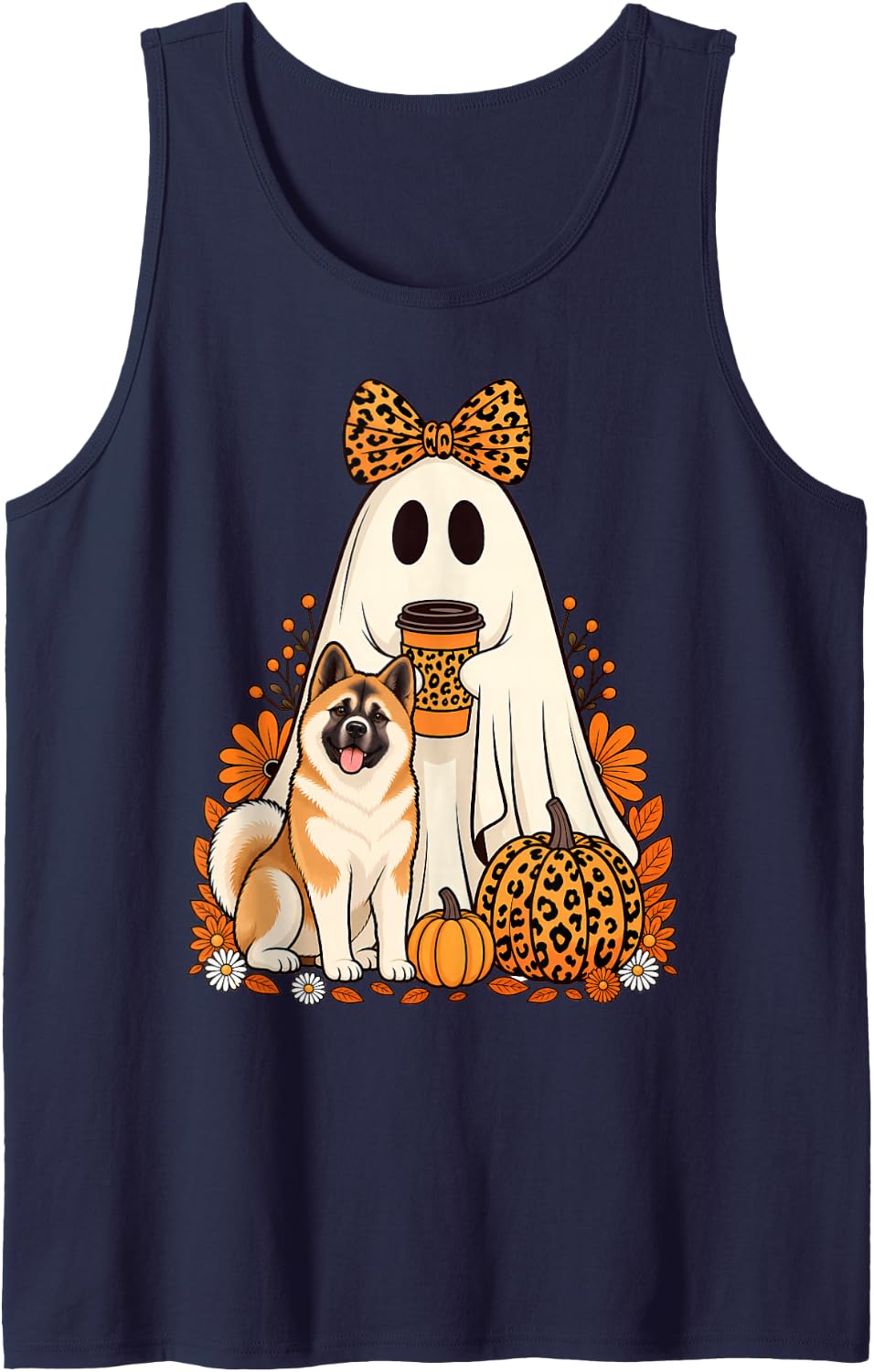Halloween Ghost Akitas Coffee Pumpkin Floral Fall Dog Lovers Sleeveless Tank Top - Navy Blue