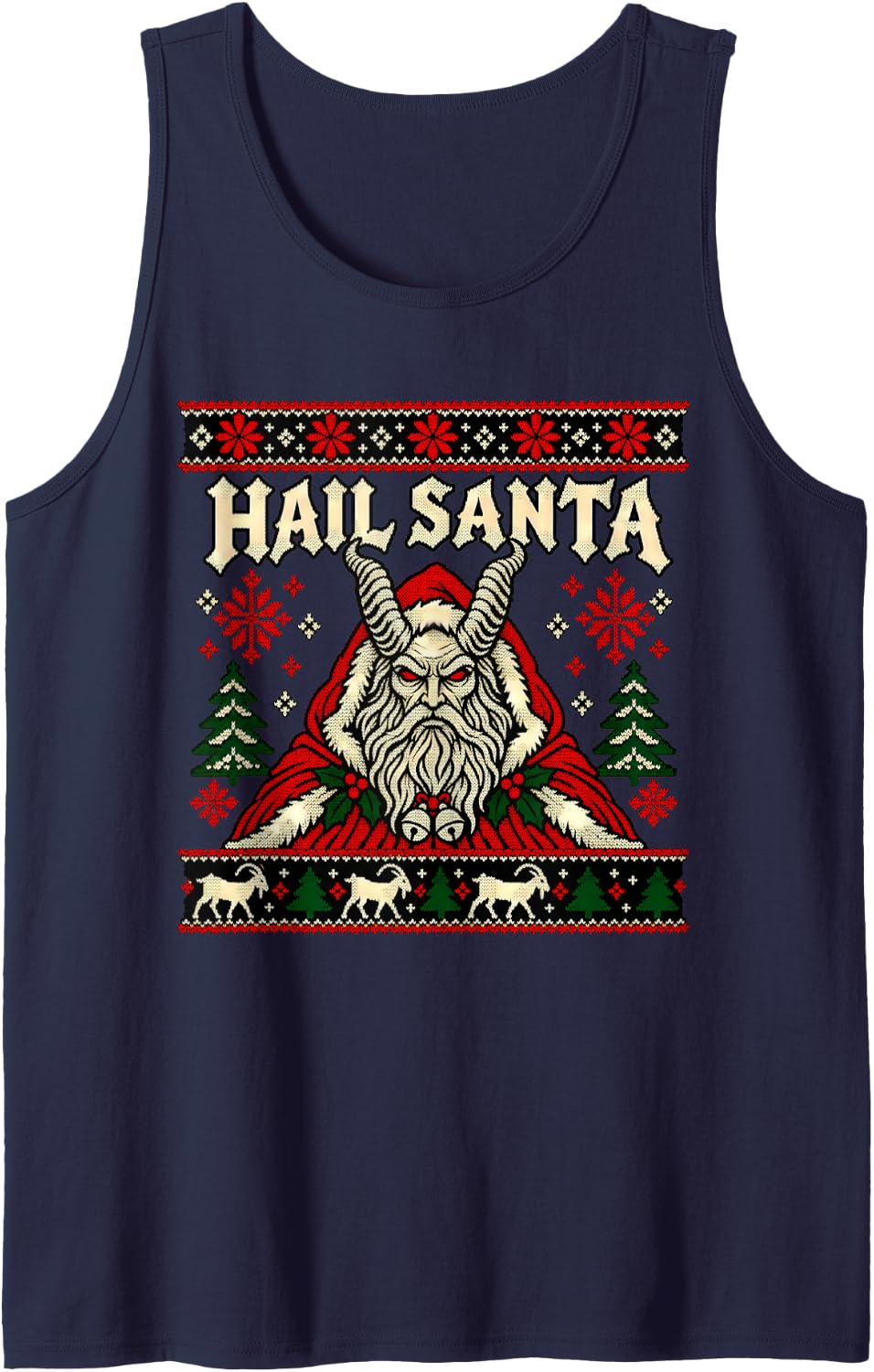 Hail Santa Krampus Yule Winter Solstice Goth Ugly Christmas Sleeveless Tank Top - Navy Blue