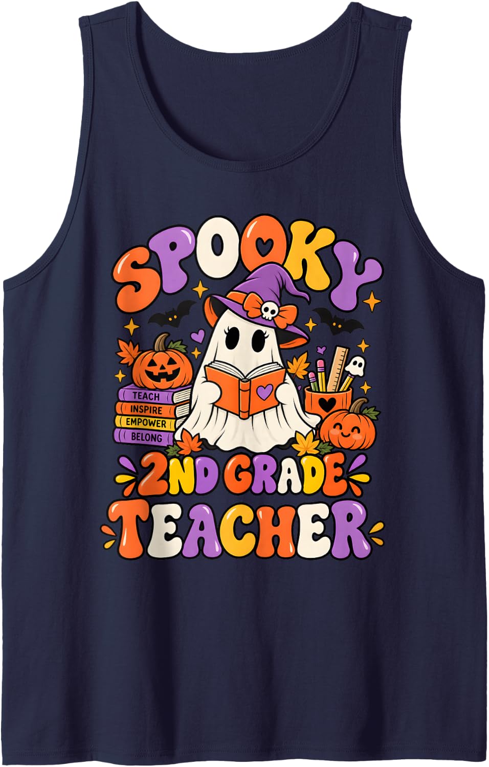 Groovy Spooky 2nd Grade Teacher Ghost Retro Floral Halloween Sleeveless Tank Top - Navy Blue