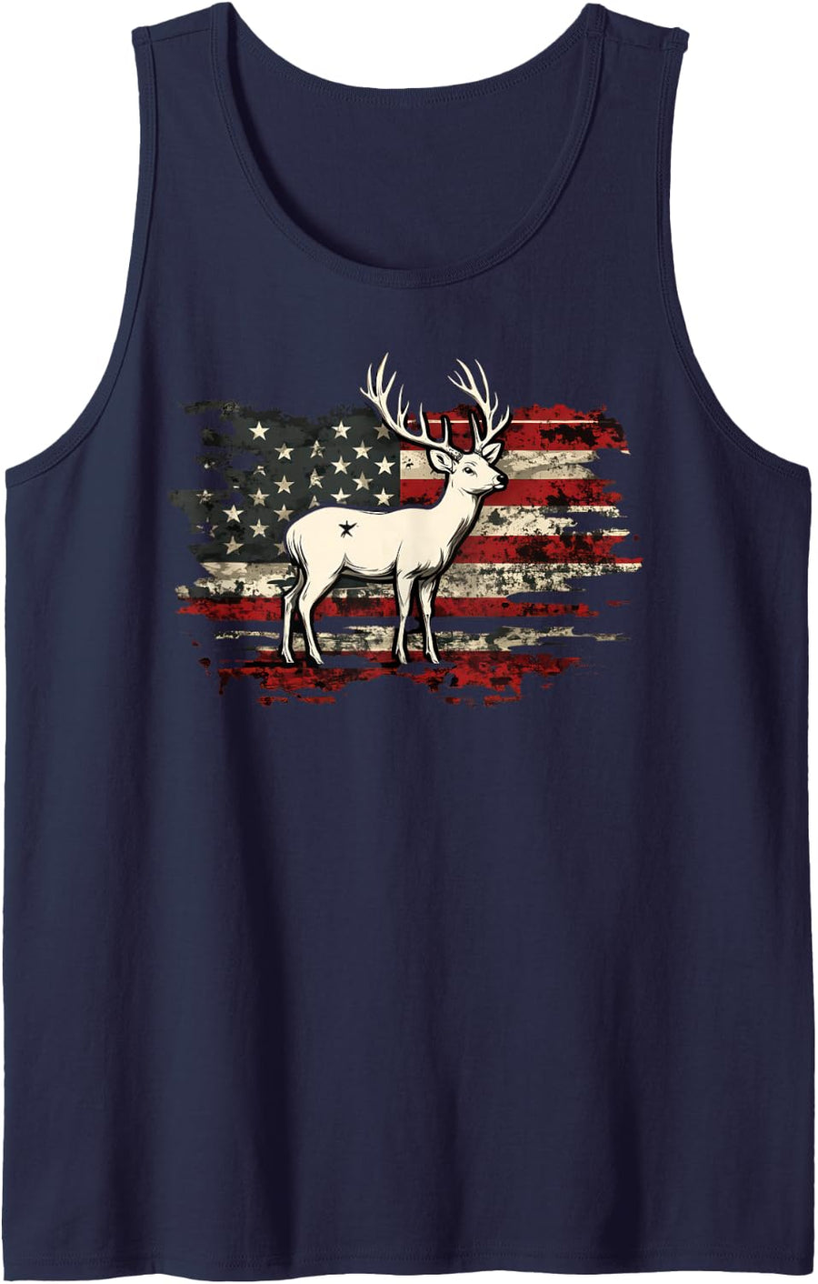 Deer Camo USA Flag Deer Elk Buck Hunting Graphic Sleeveless Tank Top - Navy Blue