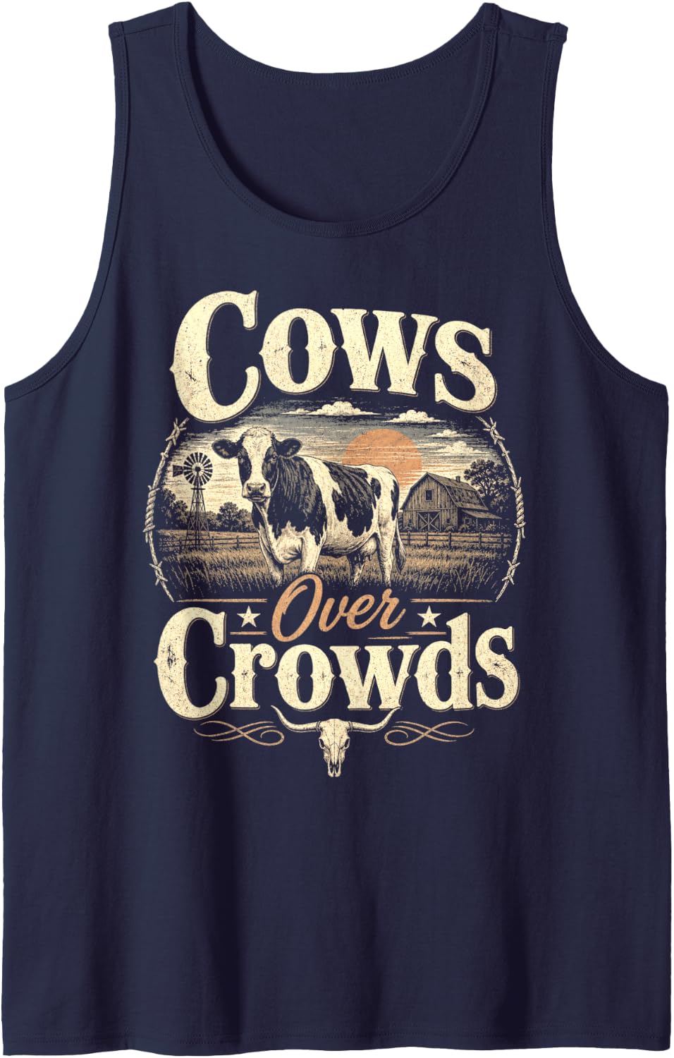 Cows Over Crowds Cow Lover Vintage Farm Life Graphic Sleeveless Tank Top - Navy Blue
