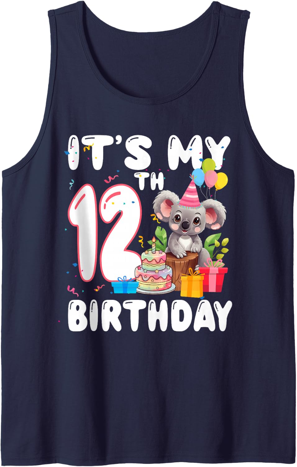 12 Year Old Koala Lover Themed It's My 12th Birthday Sleeveless Tank Top - Navy Blue