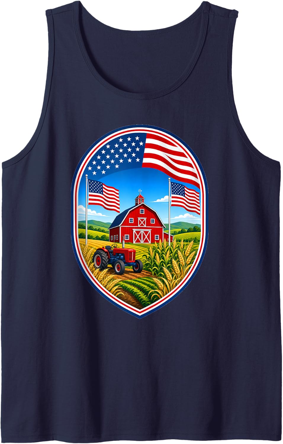 Patriotic Farm Scene Americana Design Sleeveless Tank Top - Navy Blue