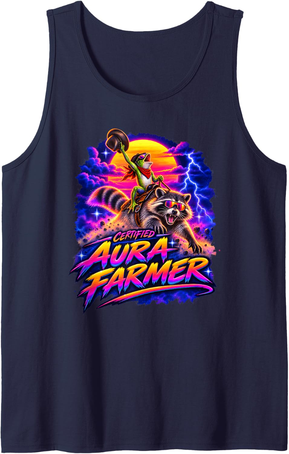 Certified Aura Farmer Frog Raccoon 90s Retro Airbrush Art Tank Top - Navy Blue
