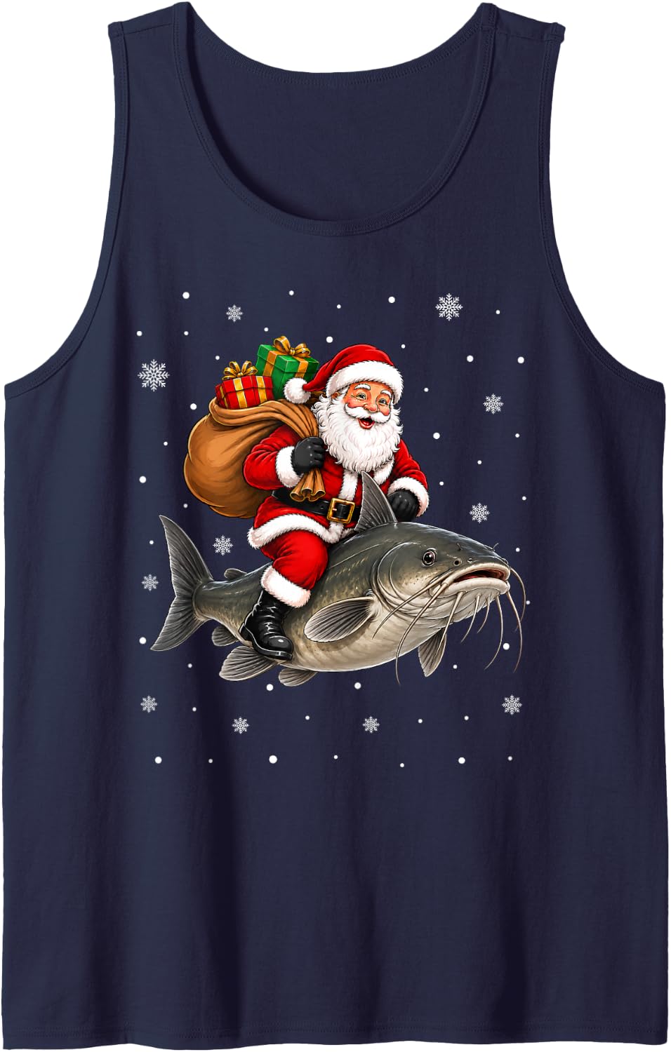 Festive Catfish Fishing Funny Santa Riding Catfish Christmas Sleeveless Tank Top - Navy Blue