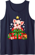 Sweet Pig Christmas Box Holiday Graphic Sleeveless Tank Top - Navy Blue