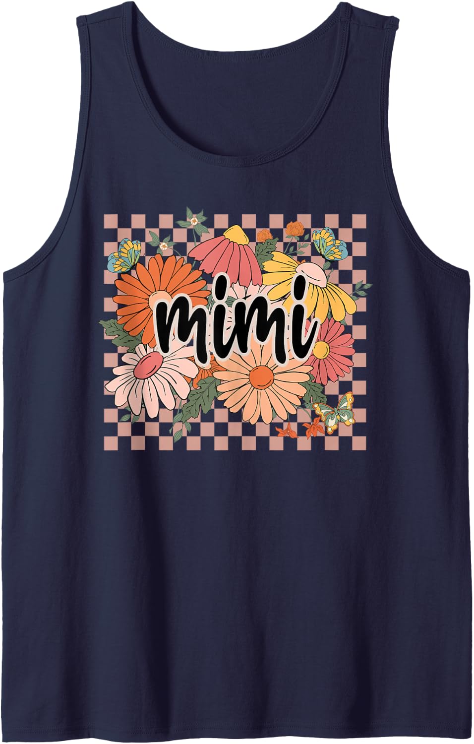 Mimi Floral Mother's Day Wildflower Girl Women Plaid Sleeveless Tank Top - Navy Blue